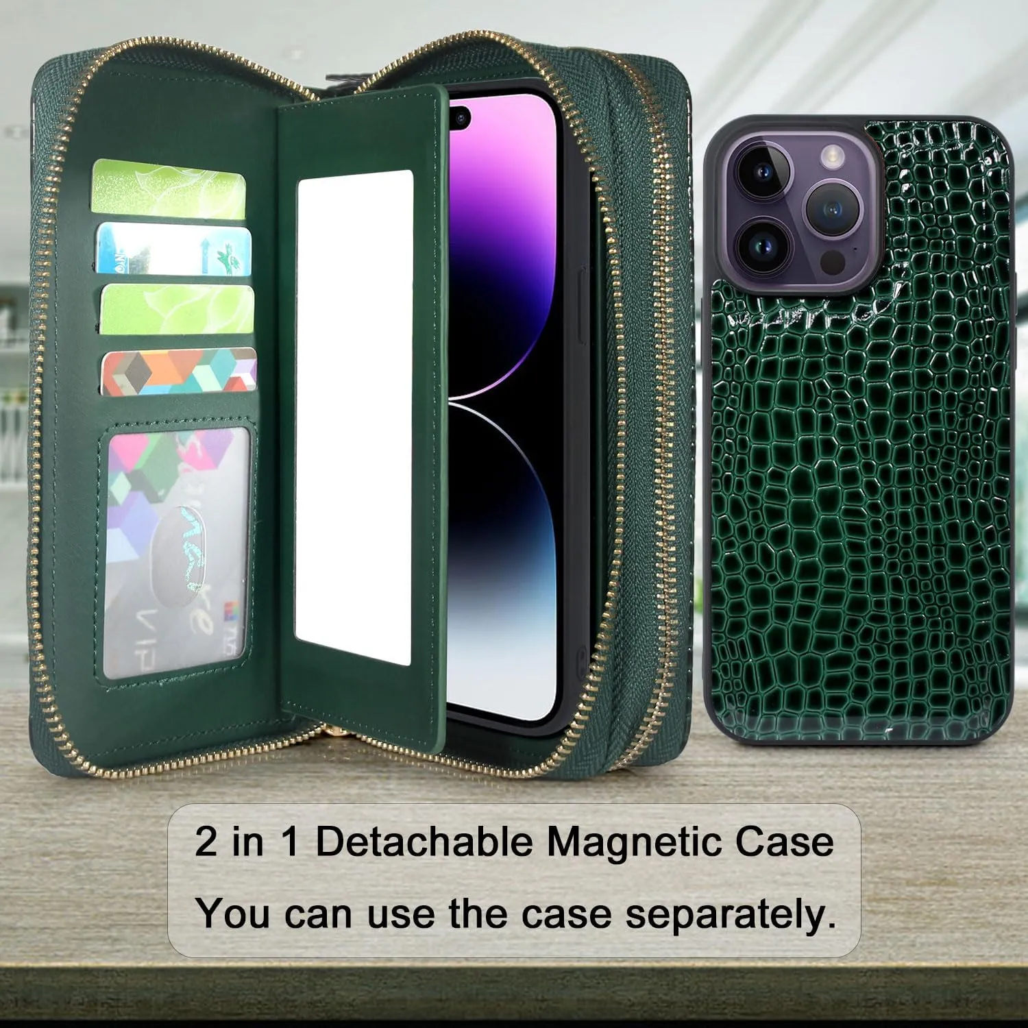 Harryshell Compatible with iPhone 14 Pro Max 6.7 inch 2022 Case Wallet Multi Zipper Detachable Magnetic Cover Purse Bag with Card Slots Mirror Crossbody Chain Wrist Strap (Crocodile Teal)