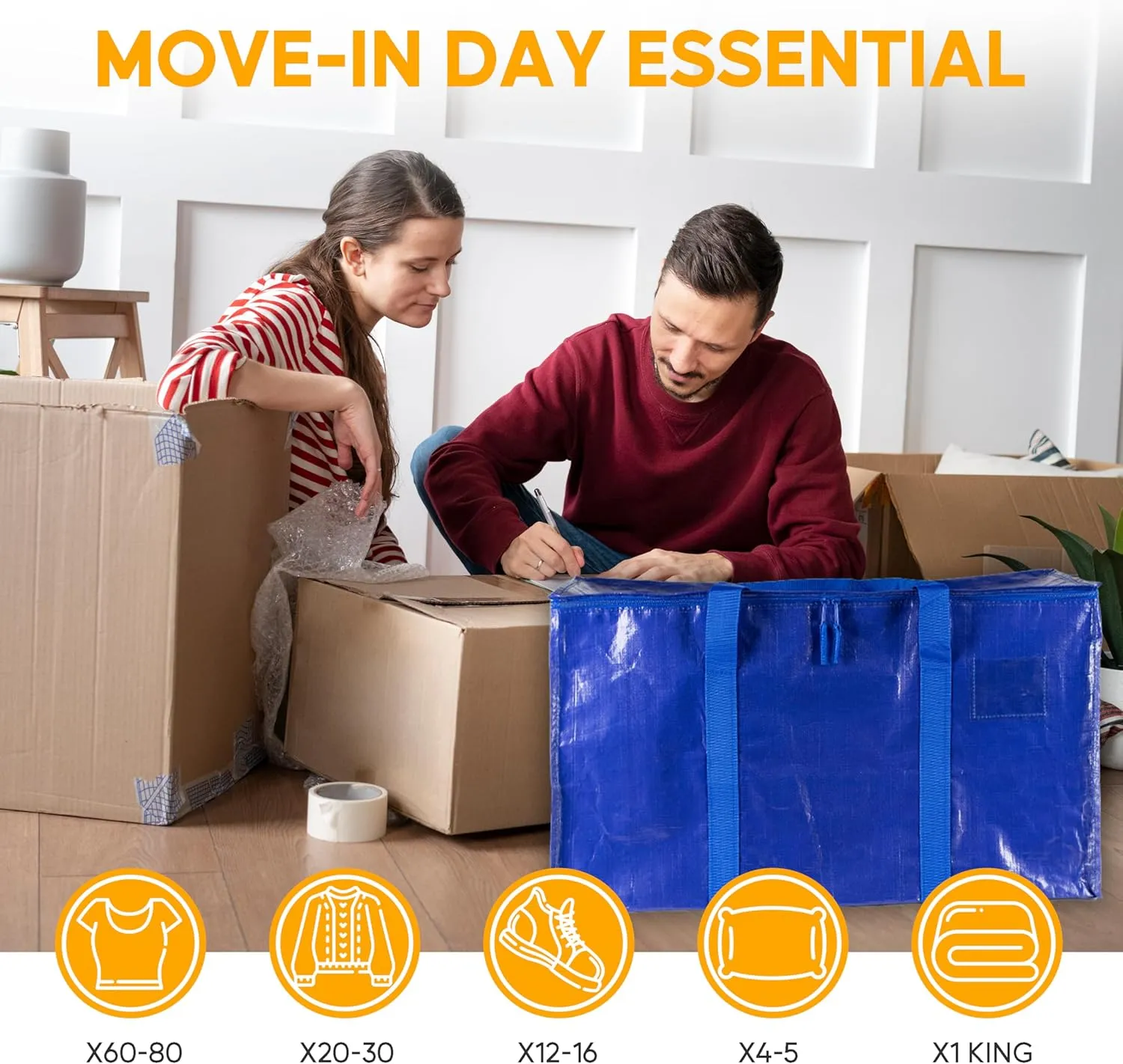 HealSmart 12 Pack Large Moving Bags with Handles & Zippers, Moving Supplies with lids, Heavy Duty Totes for Moving and Storing, Space Saving, Blue