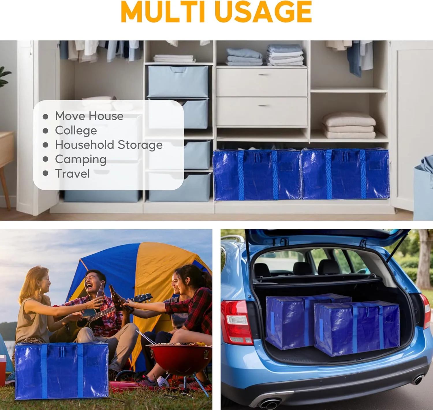 HealSmart 12 Pack Large Moving Bags with Handles & Zippers, Moving Supplies with lids, Heavy Duty Totes for Moving and Storing, Space Saving, Blue