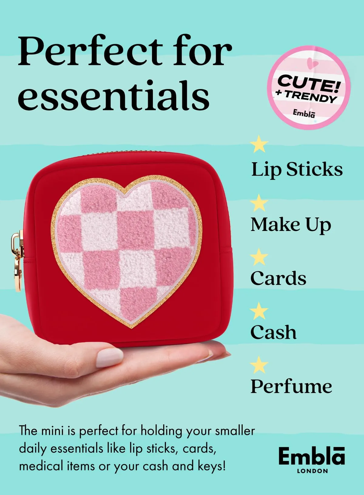 HEART Valentine Makeup Bag Travel Cosmetics Pouch and Toiletry Bag, Nylon Zipper Pouch Purse, Cute Make Up Organizer Storage Tote for Women Girls, Travel Skincare Case, Small Makeup Bags, Ruby Red