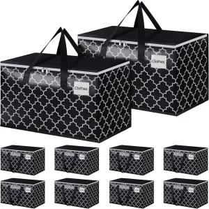 HomeHacks Heavy Duty Moving Bags with Tag Pockets, Collapsible Storage Totes for Moving, Camping & Travel -Foldable Packing Boxes, Zipper Handles, Black（10 Packs, 100L）