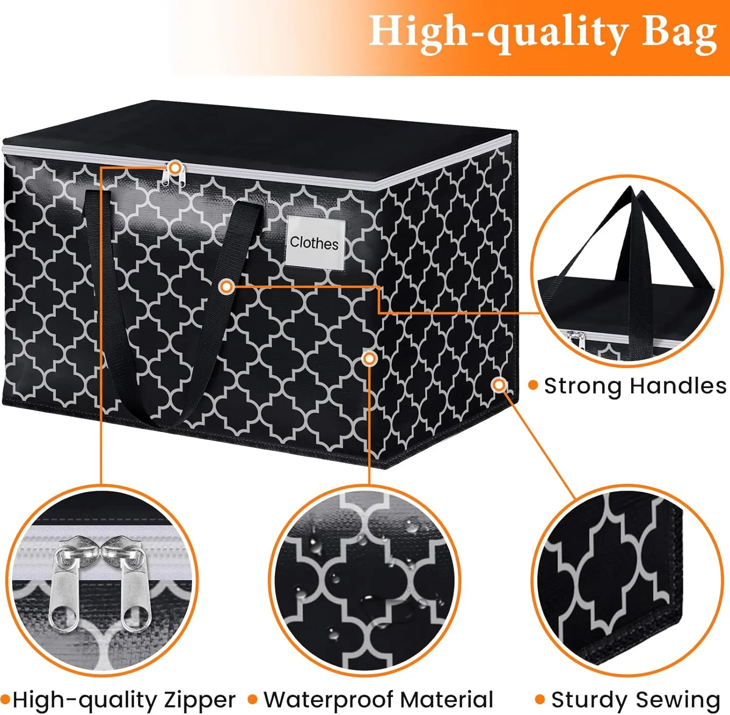 HomeHacks Heavy Duty Moving Bags with Tag Pockets, Collapsible Storage Totes for Moving, Camping & Travel -Foldable Packing Boxes, Zipper Handles, Black（10 Packs, 100L）