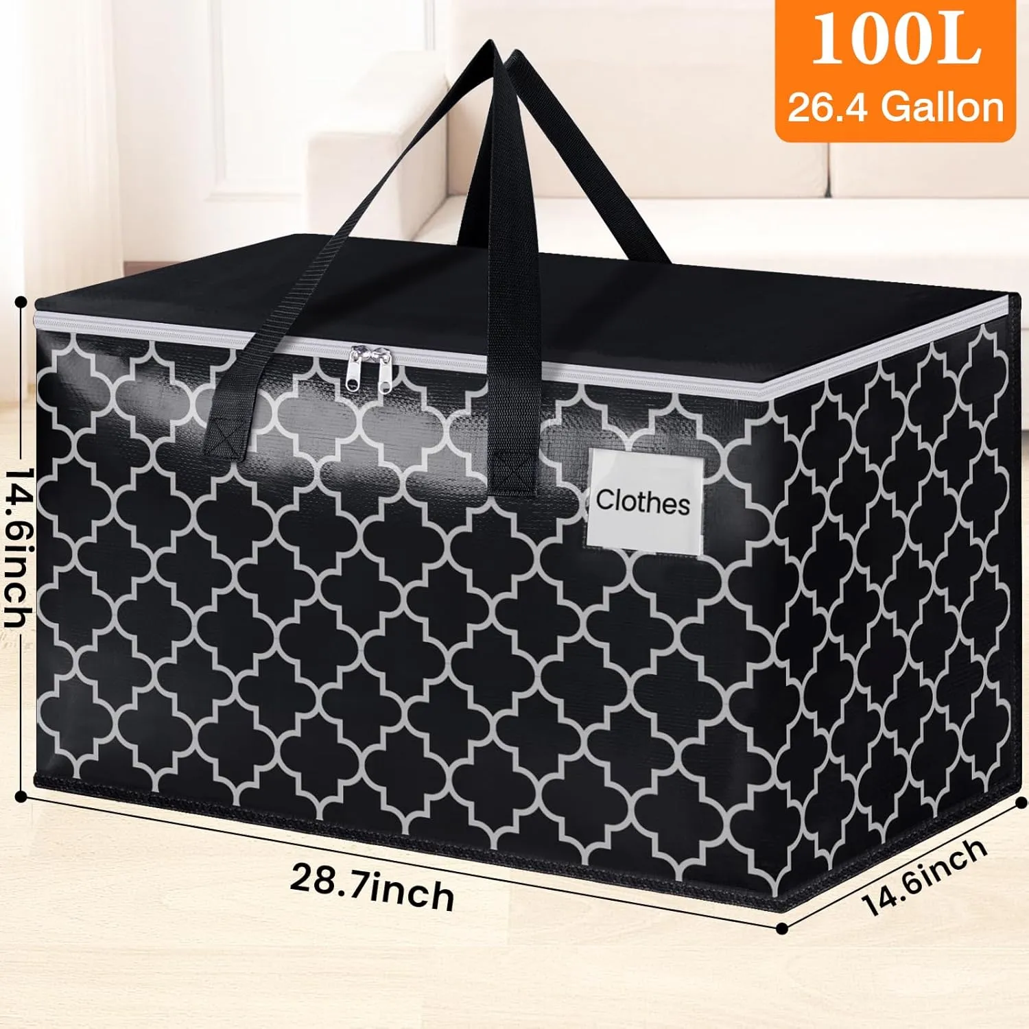 HomeHacks Heavy Duty Moving Bags with Tag Pockets, Collapsible Storage Totes for Moving, Camping & Travel -Foldable Packing Boxes, Zipper Handles, Black（10 Packs, 100L）