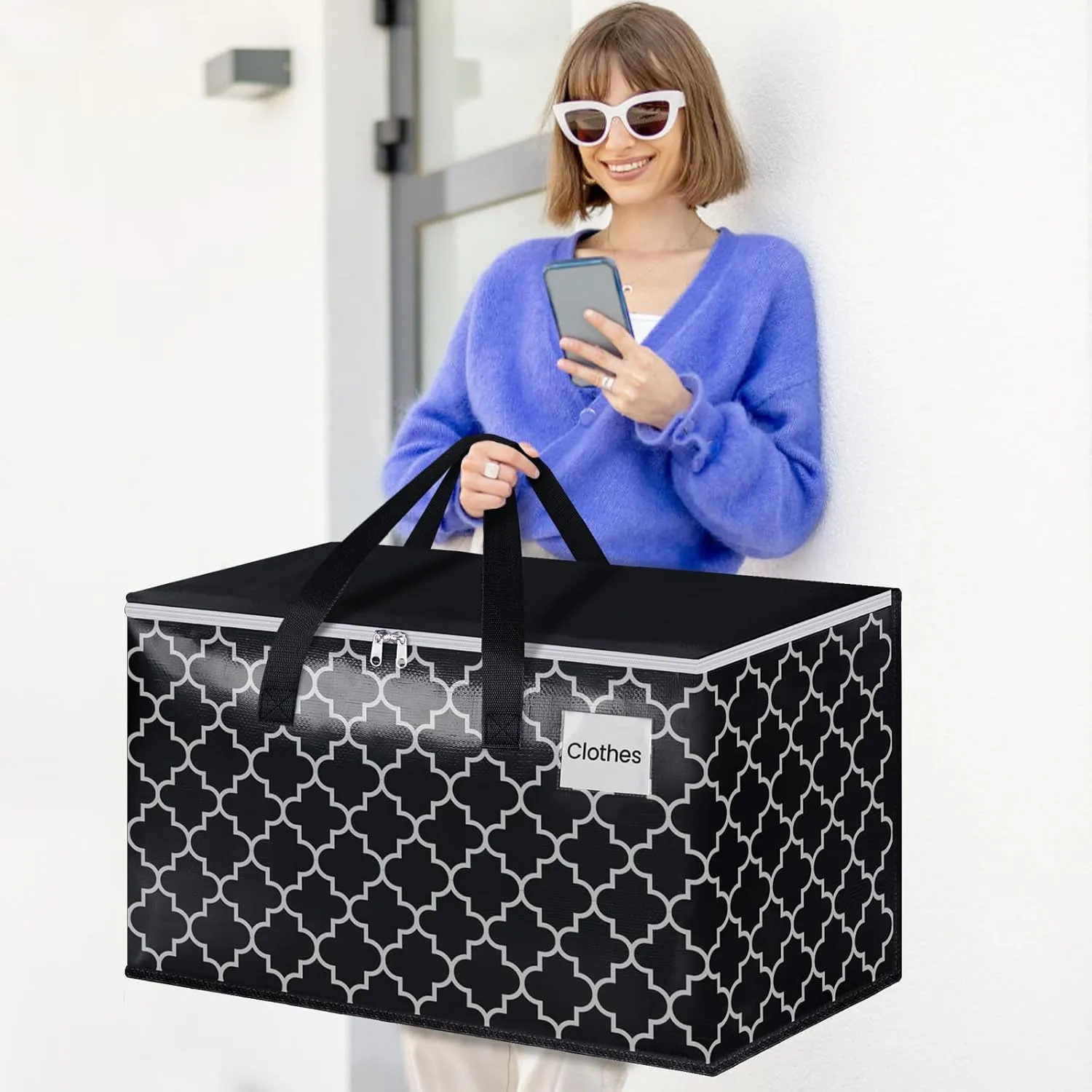 HomeHacks Heavy Duty Moving Bags with Tag Pockets, Collapsible Storage Totes for Moving, Camping & Travel -Foldable Packing Boxes, Zipper Handles, Black（10 Packs, 100L）