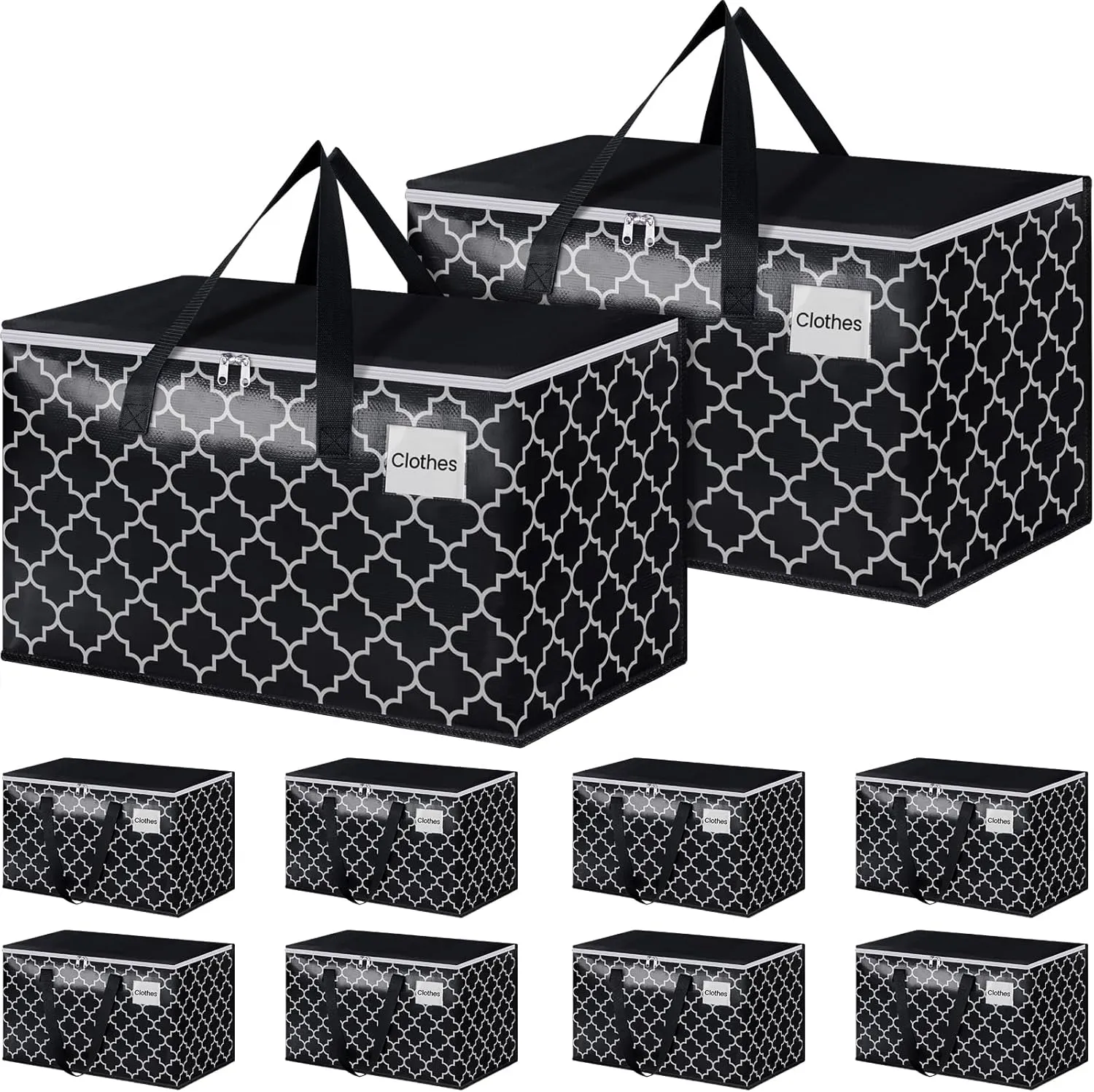 HomeHacks Heavy Duty Moving Bags with Tag Pockets, Collapsible Storage Totes for Moving, Camping & Travel -Foldable Packing Boxes, Zipper Handles, Black（10 Packs, 100L）