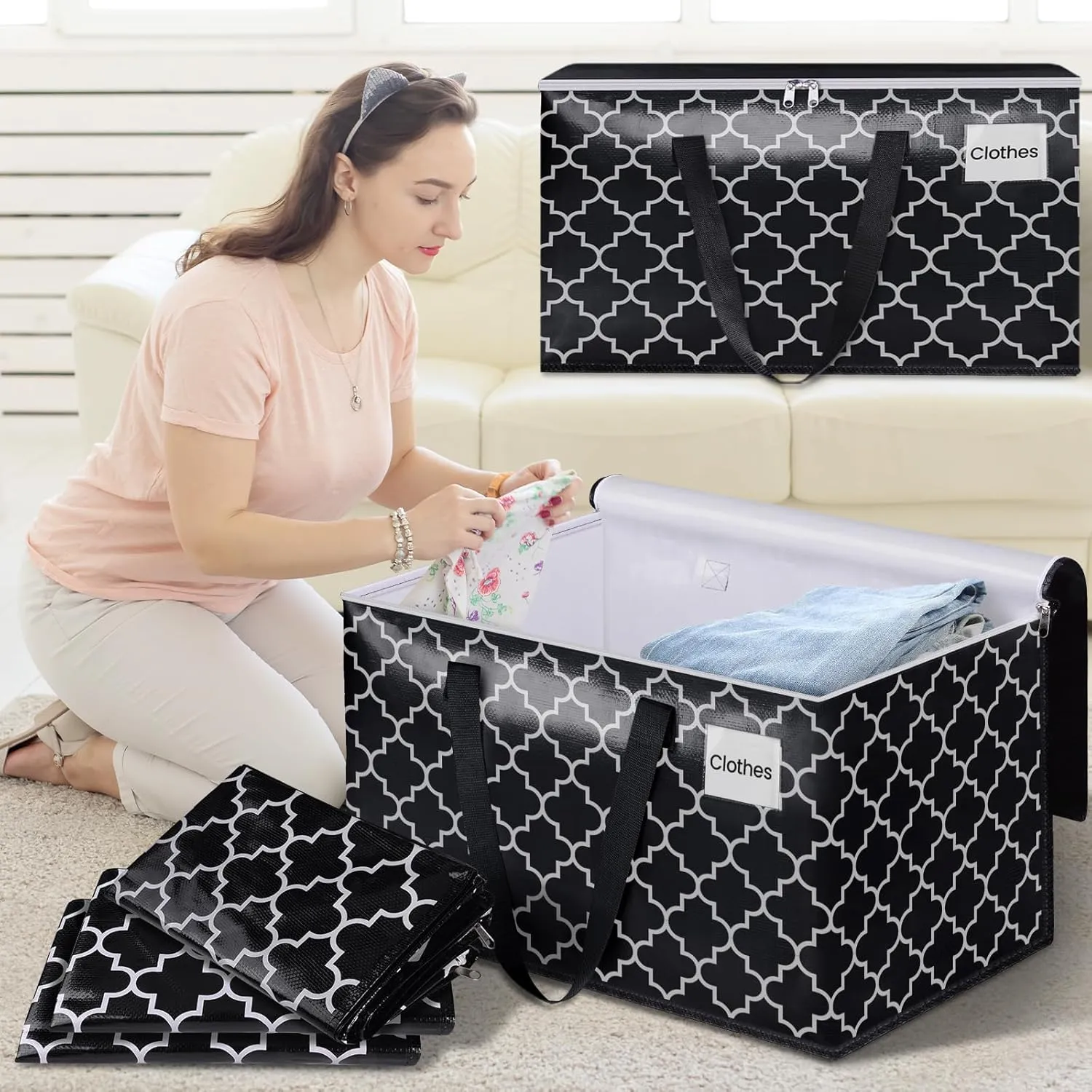 HomeHacks Heavy Duty Moving Bags with Tag Pockets, Collapsible Storage Totes for Moving, Camping & Travel -Foldable Packing Boxes, Zipper Handles, Black（10 Packs, 100L）