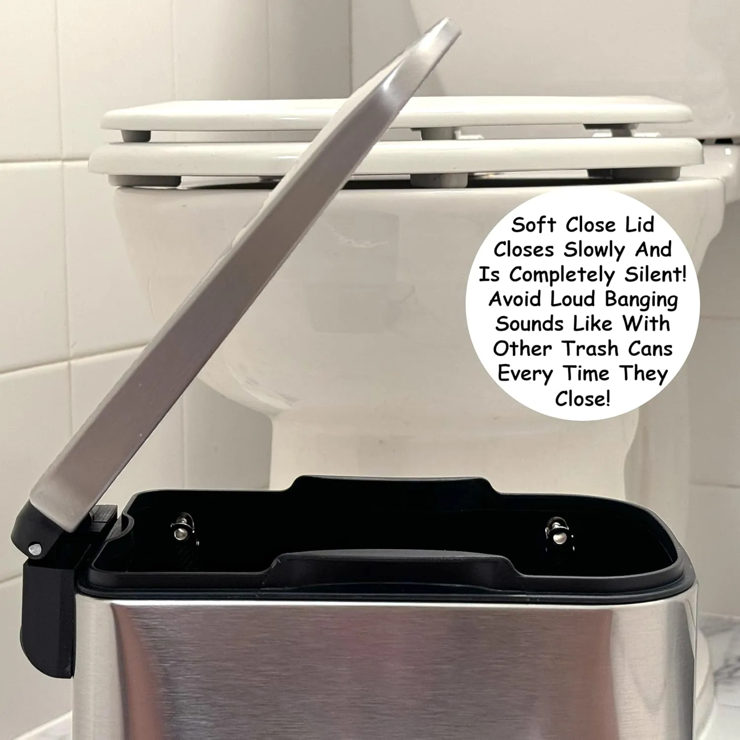 Homie Soft Close, Slim Trash Can 6 Liter / 1.6 Gallon with Anti - Bag Slip Liner and Lid, Use as Mini Garbage Basket, Slim Dust Bin, or Decor in Bathroom, Restroom, Kitchen, or Bedroom