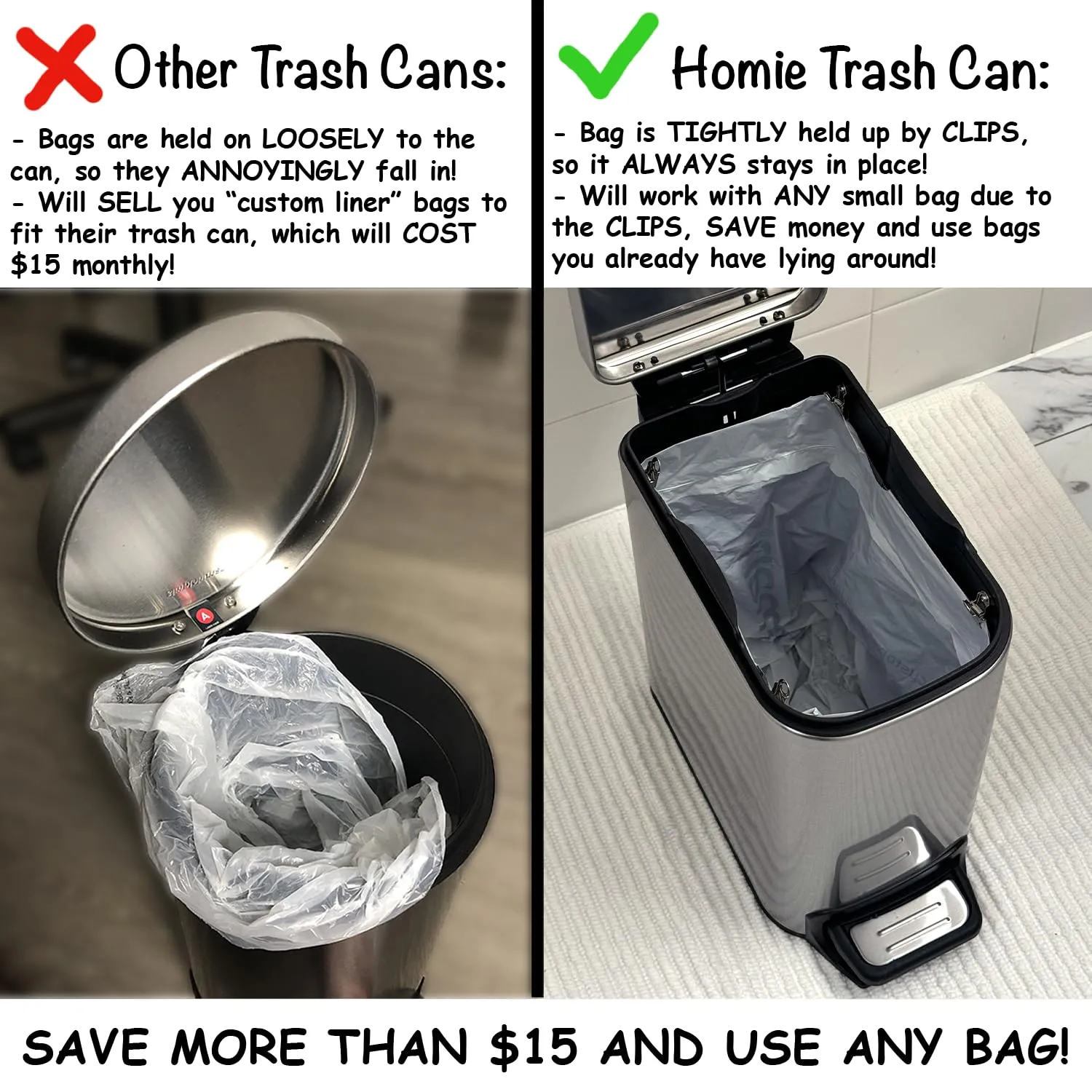 Homie Soft Close, Slim Trash Can 6 Liter / 1.6 Gallon with Anti - Bag Slip Liner and Lid, Use as Mini Garbage Basket, Slim Dust Bin, or Decor in Bathroom, Restroom, Kitchen, or Bedroom