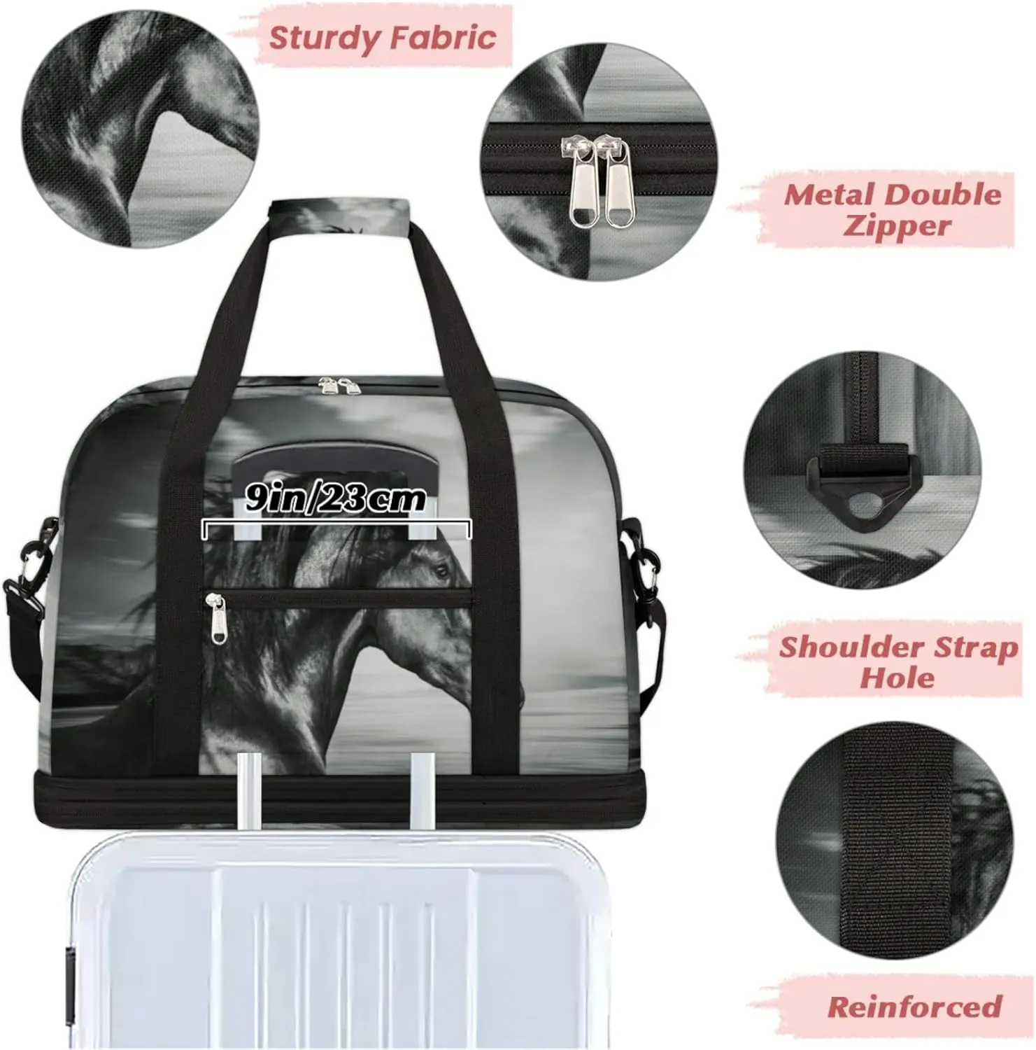 Horse Foldable Travel Duffel Bag, Expandable Sports Gym Bag with Shoes Compartment Weekender Overnight Totes Bags for Women Men