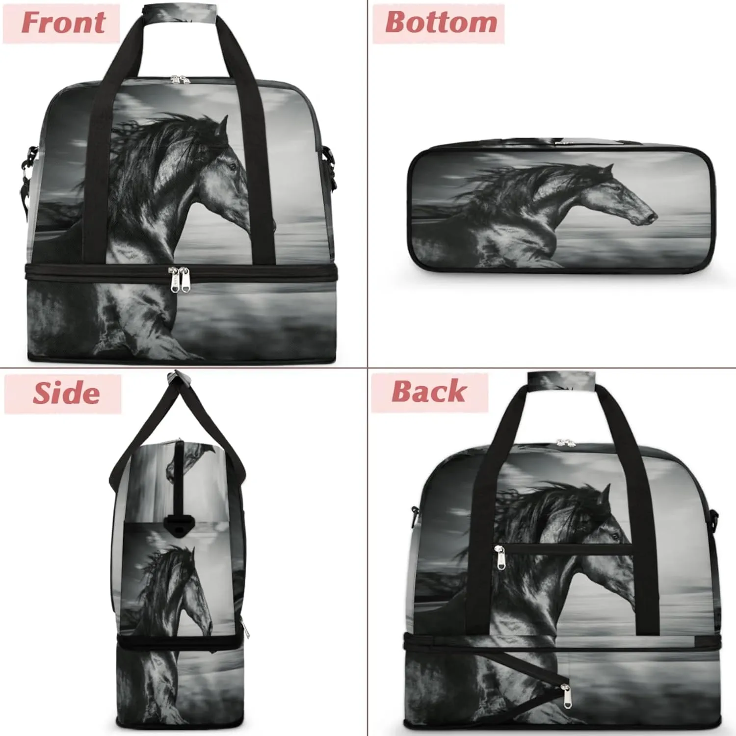 Horse Foldable Travel Duffel Bag, Expandable Sports Gym Bag with Shoes Compartment Weekender Overnight Totes Bags for Women Men