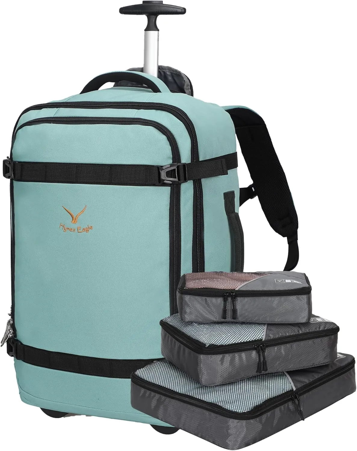 Hynes Eagle 42L Rolling Backpack Wheeled Backpack Flight Approved Travel Backpack Carry on Luggage Mint Green with 3PCS Packing Cubes Set Grey