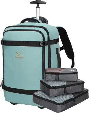 Hynes Eagle 42L Rolling Backpack Wheeled Backpack Flight Approved Travel Backpack Carry on Luggage Mint Green with 3PCS Packing Cubes Set Grey