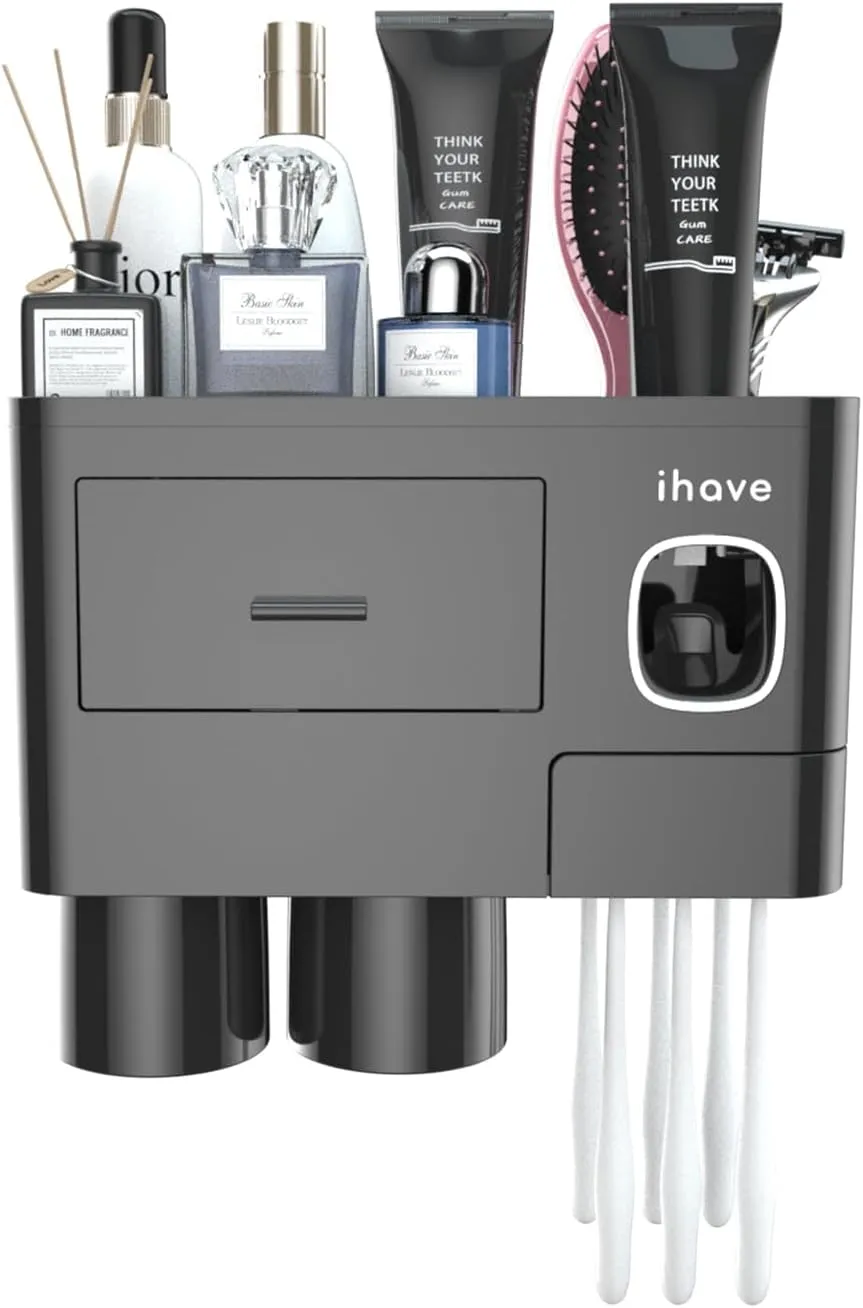 iHave Toothbrush Holders for Bathrooms, 2 Cups Toothbrush Holder Wall Mounted with Toothpaste Dispenser - Large Capacity Tray, Cosmetic Drawer - Tooth Brushing Holder & Bathroom Accessories