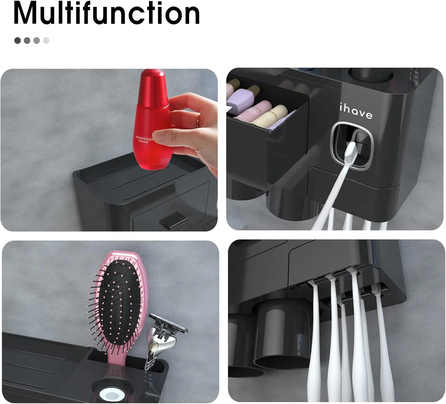 iHave Toothbrush Holders for Bathrooms, 2 Cups Toothbrush Holder Wall Mounted with Toothpaste Dispenser - Large Capacity Tray, Cosmetic Drawer - Tooth Brushing Holder & Bathroom Accessories