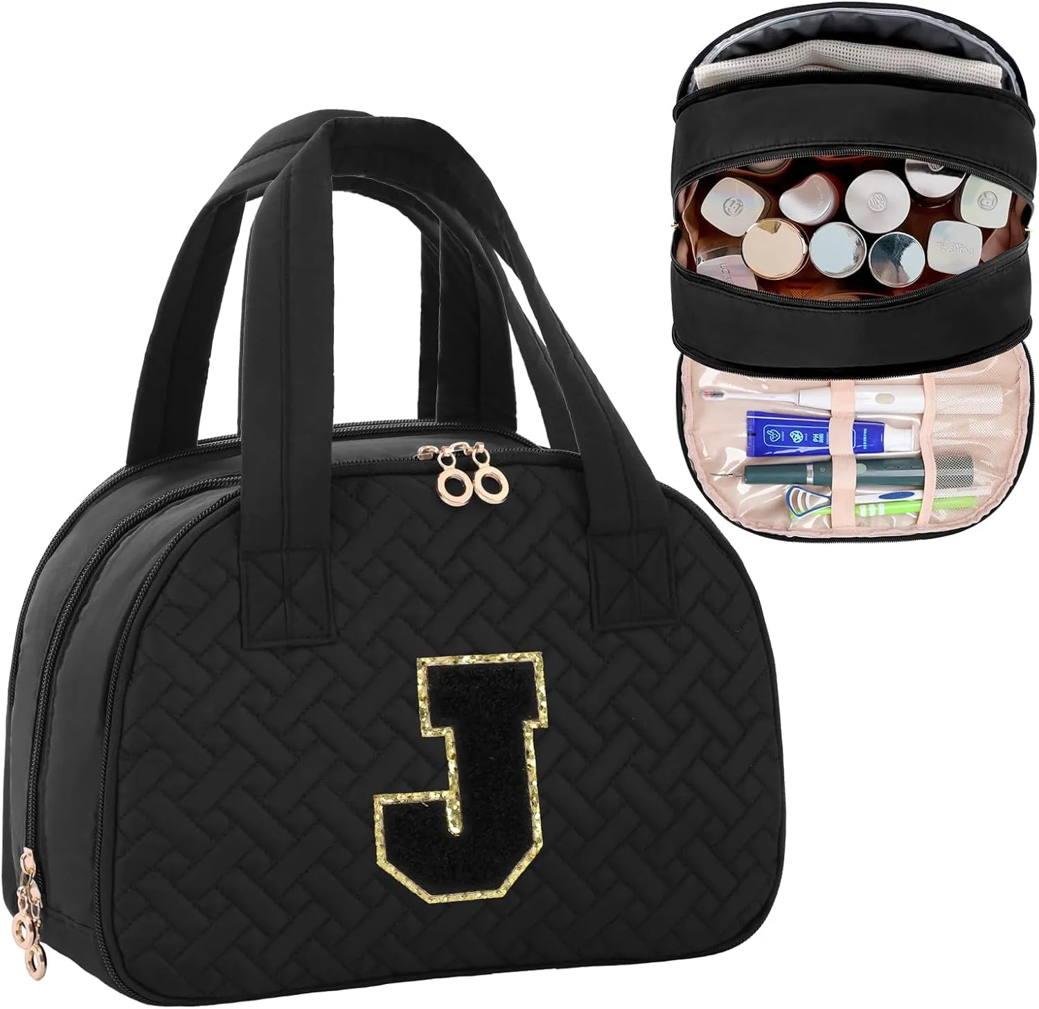 Initial Travel Toiletry Bag, Personalized Cosmetic Bags Birthday Gifts for Women, Makeup Bag Organizer with Handle, Travel Bag for Toiletries with Brush Holder (J, Black)