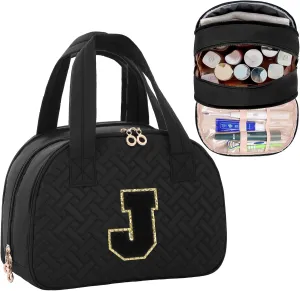Initial Travel Toiletry Bag, Personalized Cosmetic Bags Birthday Gifts for Women, Makeup Bag Organizer with Handle, Travel Bag for Toiletries with Brush Holder (J, Black)