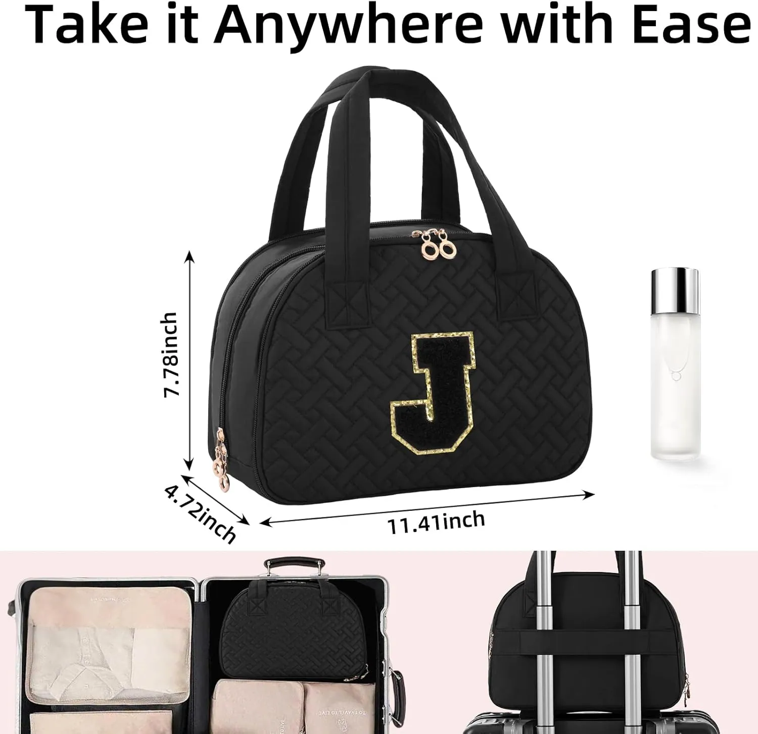 Initial Travel Toiletry Bag, Personalized Cosmetic Bags Birthday Gifts for Women, Makeup Bag Organizer with Handle, Travel Bag for Toiletries with Brush Holder (J, Black)