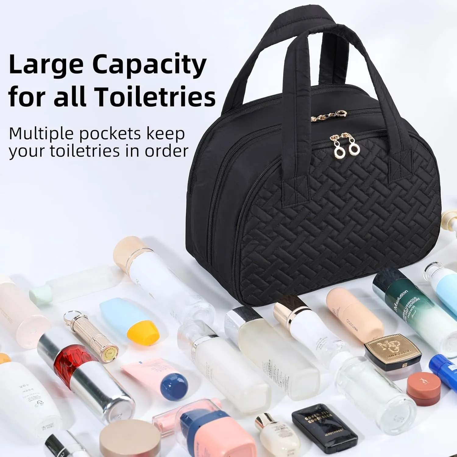 Initial Travel Toiletry Bag, Personalized Cosmetic Bags Birthday Gifts for Women, Makeup Bag Organizer with Handle, Travel Bag for Toiletries with Brush Holder (J, Black)