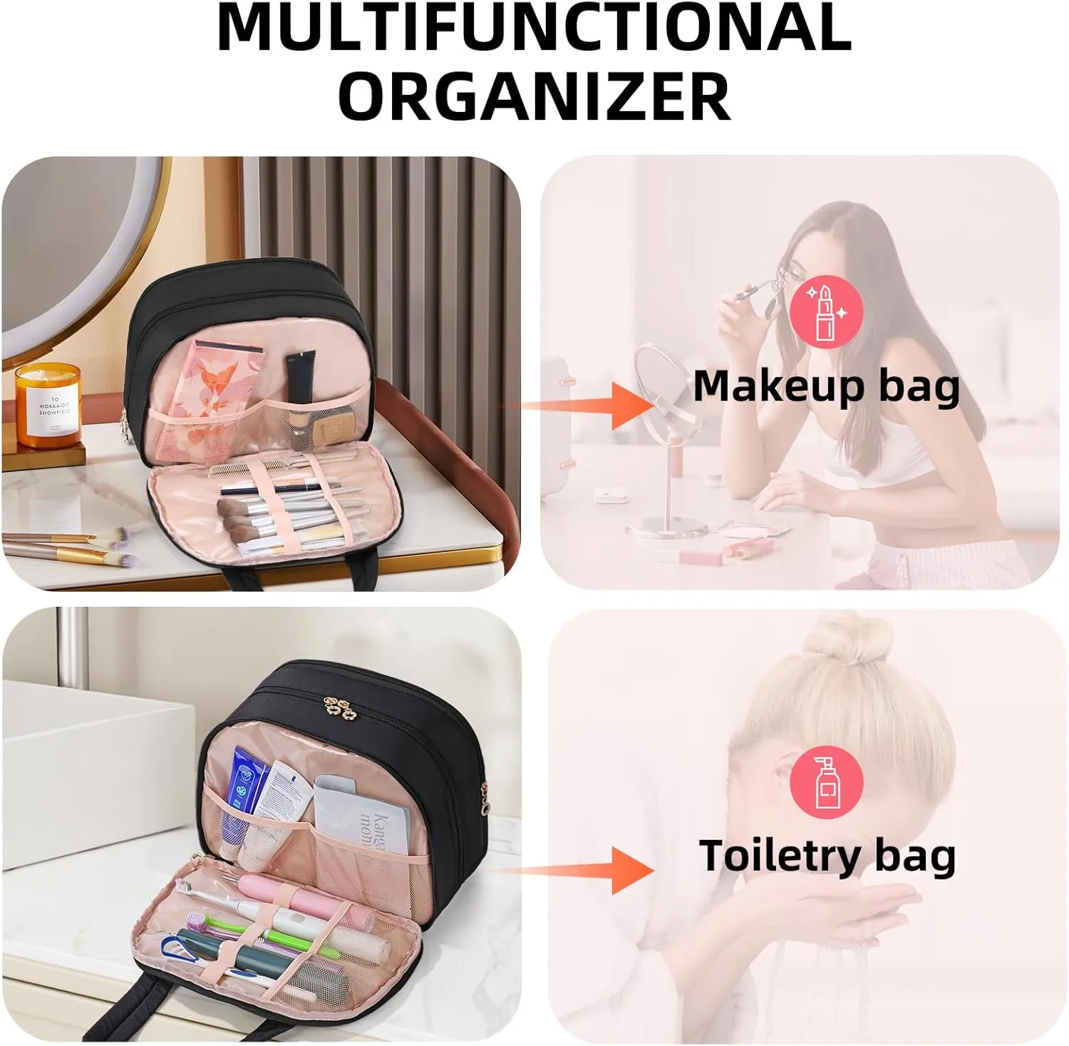 Initial Travel Toiletry Bag, Personalized Cosmetic Bags Birthday Gifts for Women, Makeup Bag Organizer with Handle, Travel Bag for Toiletries with Brush Holder (J, Black)