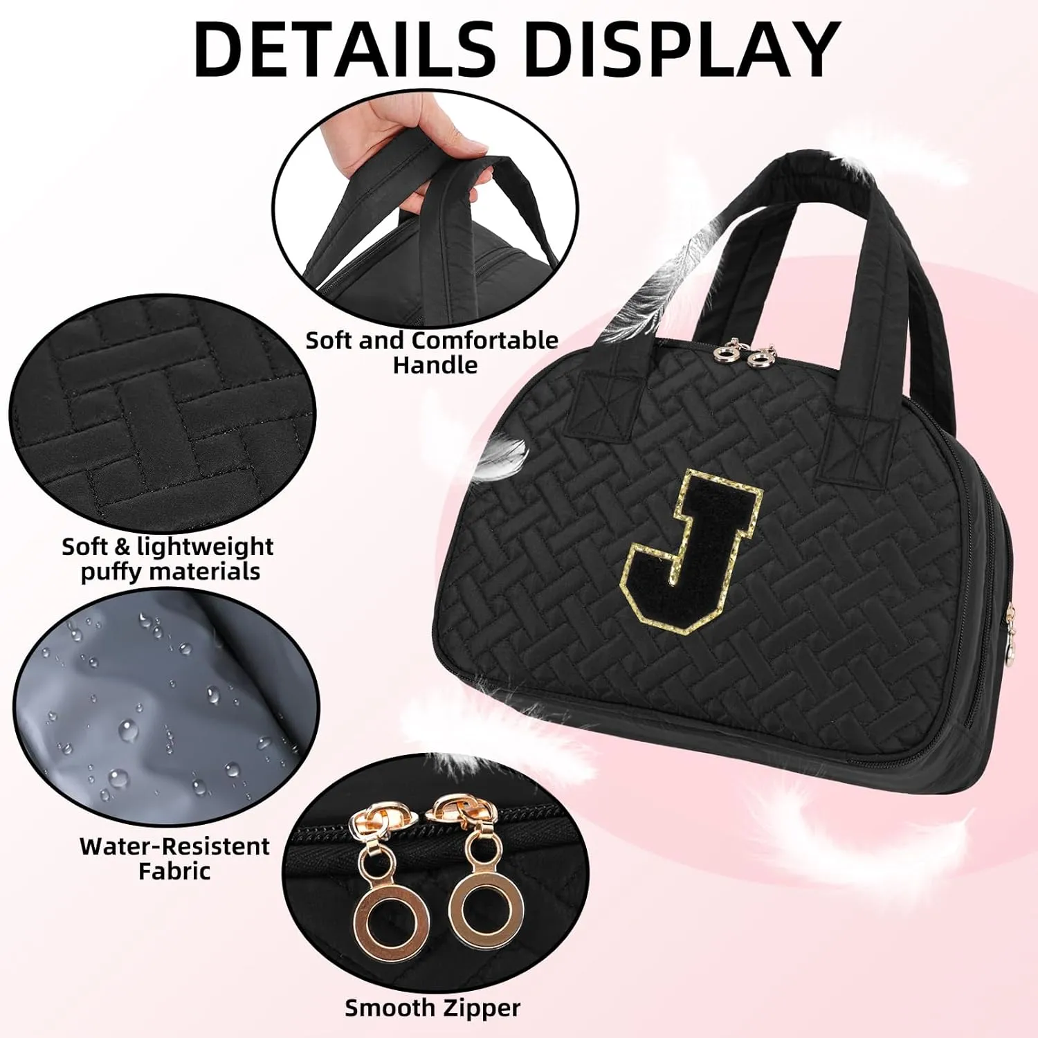 Initial Travel Toiletry Bag, Personalized Cosmetic Bags Birthday Gifts for Women, Makeup Bag Organizer with Handle, Travel Bag for Toiletries with Brush Holder (J, Black)
