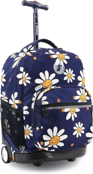 J World New York Sunrise Kids Rolling Backpack for Girls Boys Teen. Roller Bookbag with Wheels, Joy Daisy, 18"