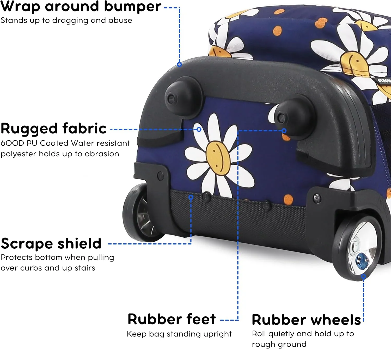J World New York Sunrise Kids Rolling Backpack for Girls Boys Teen. Roller Bookbag with Wheels, Joy Daisy, 18"