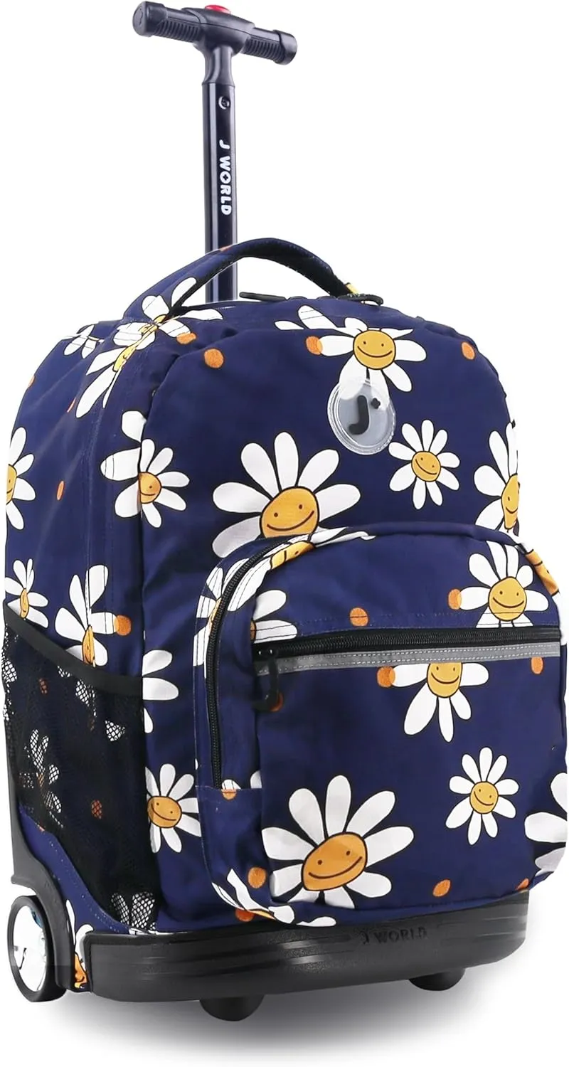 J World New York Sunrise Kids Rolling Backpack for Girls Boys Teen. Roller Bookbag with Wheels, Joy Daisy, 18"