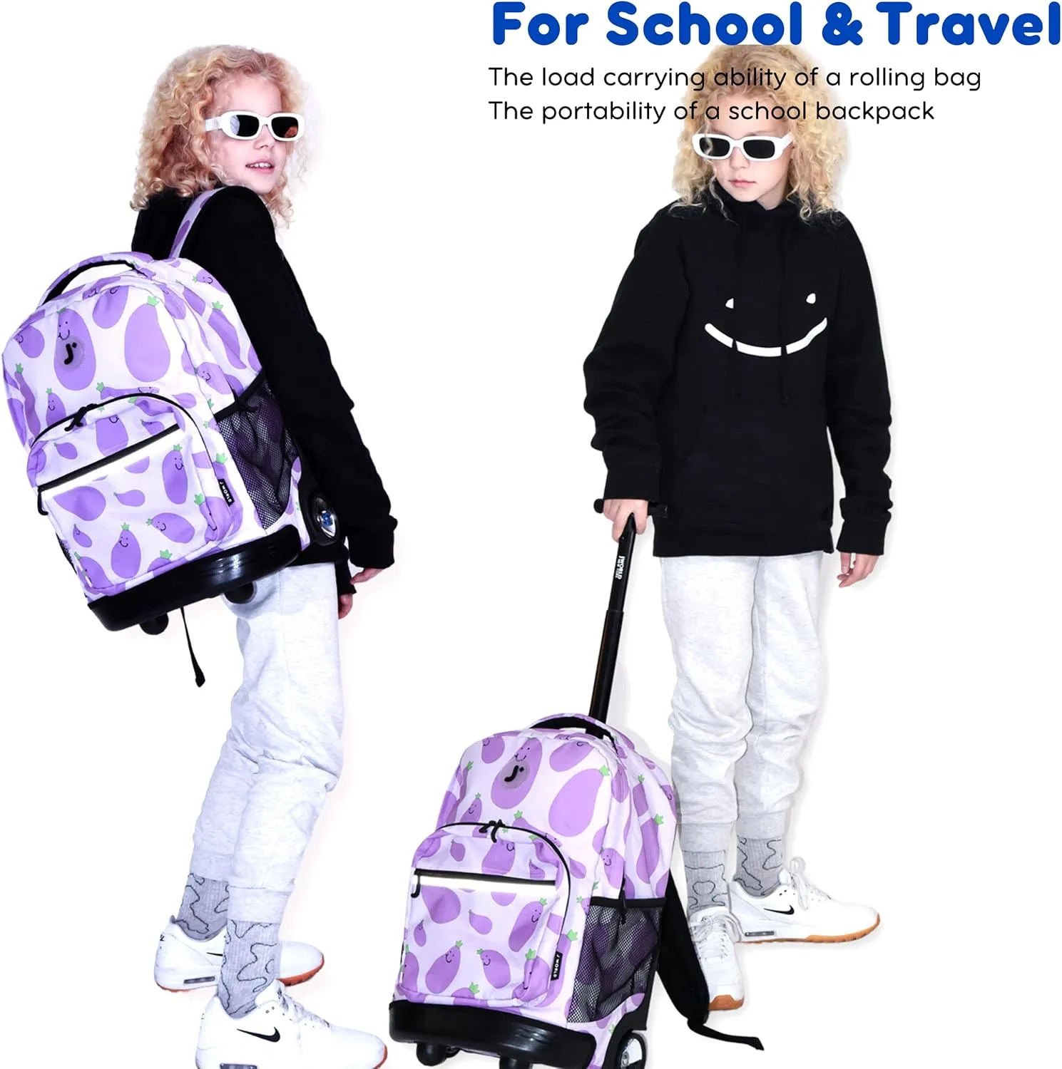 J World New York Sunrise Kids Rolling Backpack for Girls Boys Teen. Roller Bookbag with Wheels, Joy Daisy, 18"