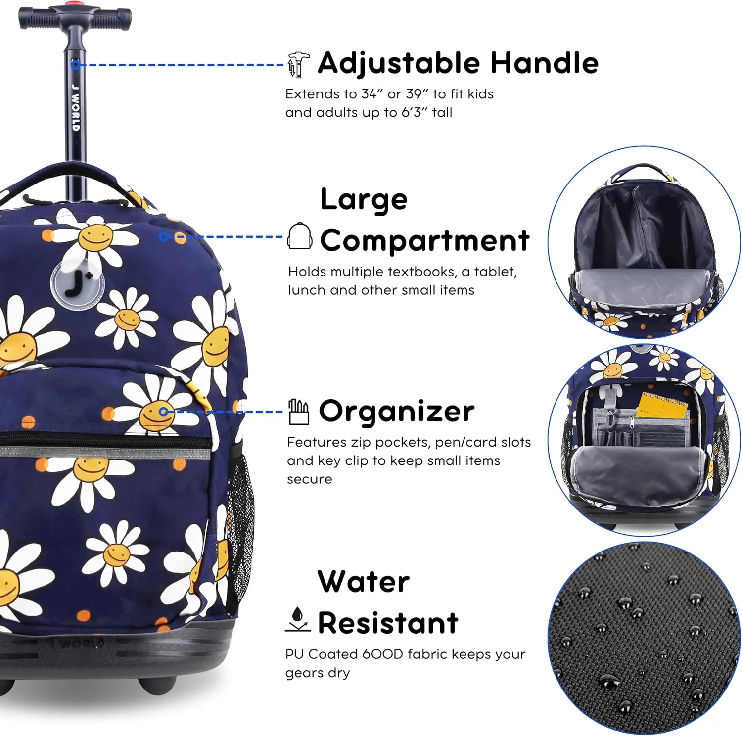 J World New York Sunrise Kids Rolling Backpack for Girls Boys Teen. Roller Bookbag with Wheels, Joy Daisy, 18"