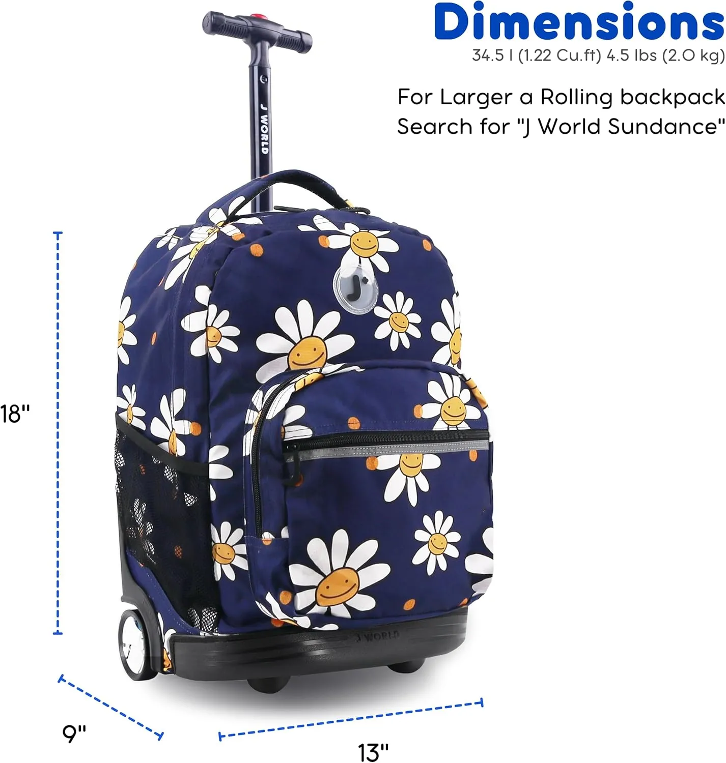 J World New York Sunrise Kids Rolling Backpack for Girls Boys Teen. Roller Bookbag with Wheels, Joy Daisy, 18"