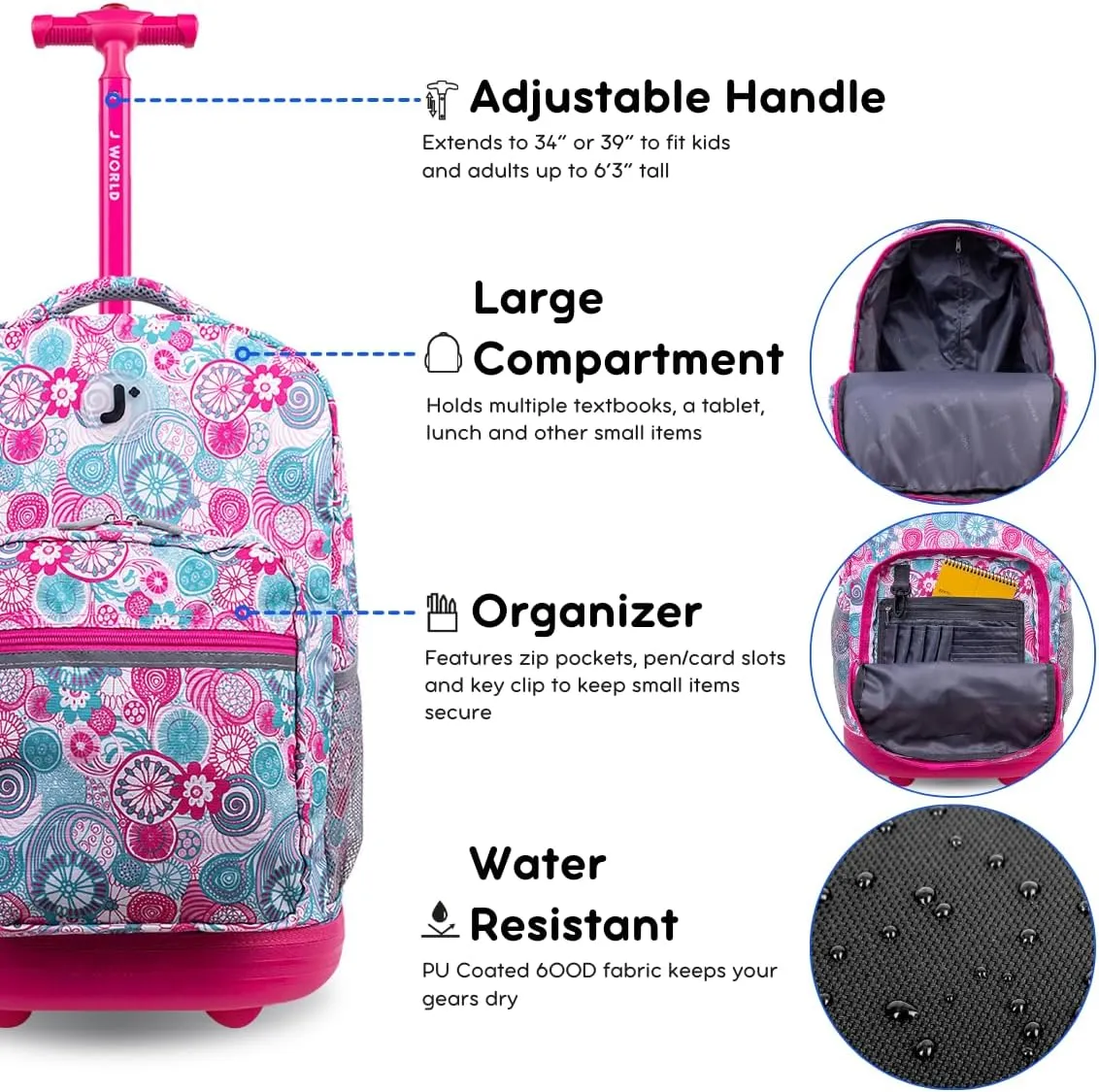 J World New York Sunrise Rolling Backpack, Blue Raspberry, One Size, 18"