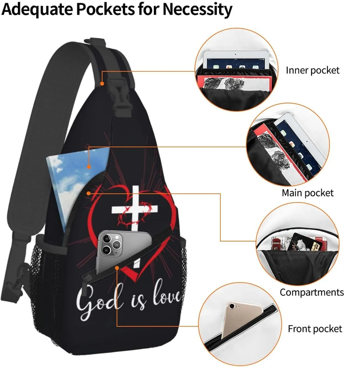Jesus Cross Pattern Casual Backpack Bag Hiking Travel Shoulder Daypack Adjustable Sling Bags for Men Women