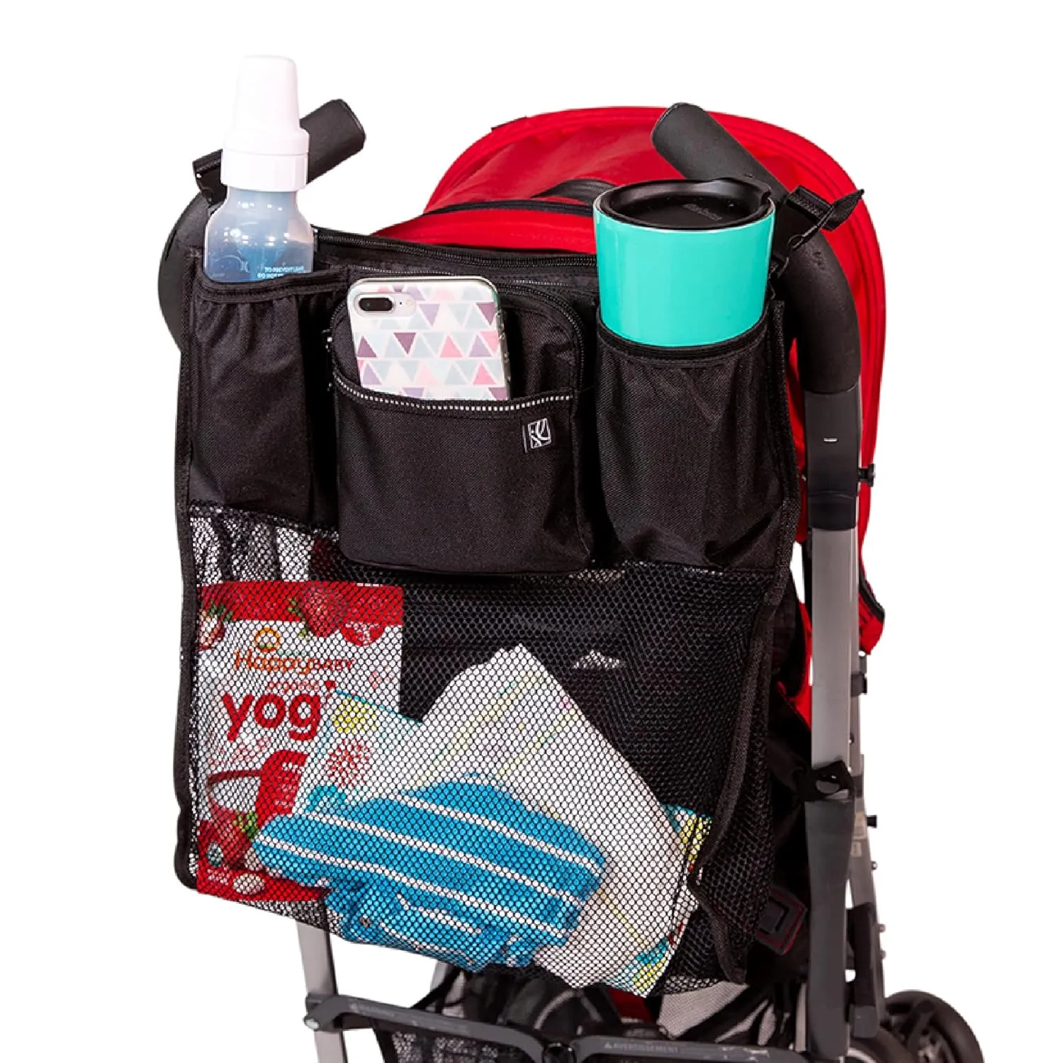 J.L. Childress Cups 'N Cargo Universal Stroller Organizer with Cup Holders and Mesh Storage Compartment - Deep Cup Holders - Multiple Zippered Pockets - Fits Uppababy, Stroller Wagons & more - Black