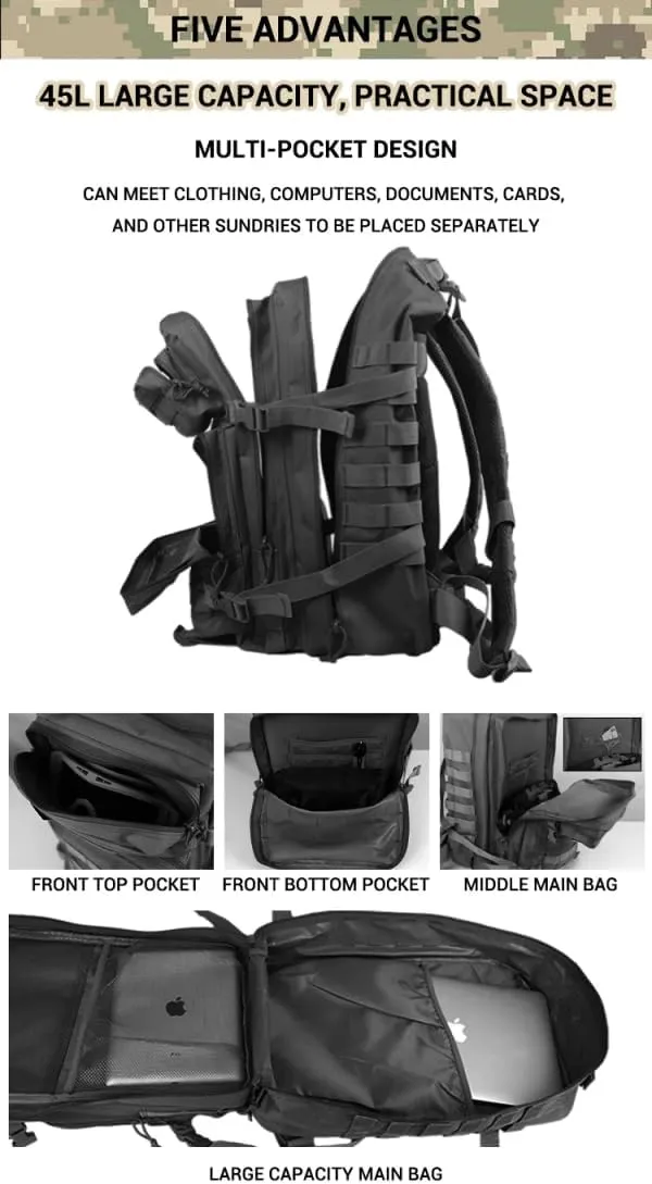 JMarks: 45L Military Tactical Backpack for Men and Women Army 3 Day Assault Pack Bag Large Rucksack with Molle System Features Full 25 Piece Emergency First Aid Kit(Navy Camo)