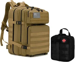 JMarks: 45L Military Tactical Backpack for Men and Women Army 3 Day Assault Pack Bag Large Rucksack with Molle System Features Full 25 Piece Emergency First Aid Kit(Tan/Khaki)