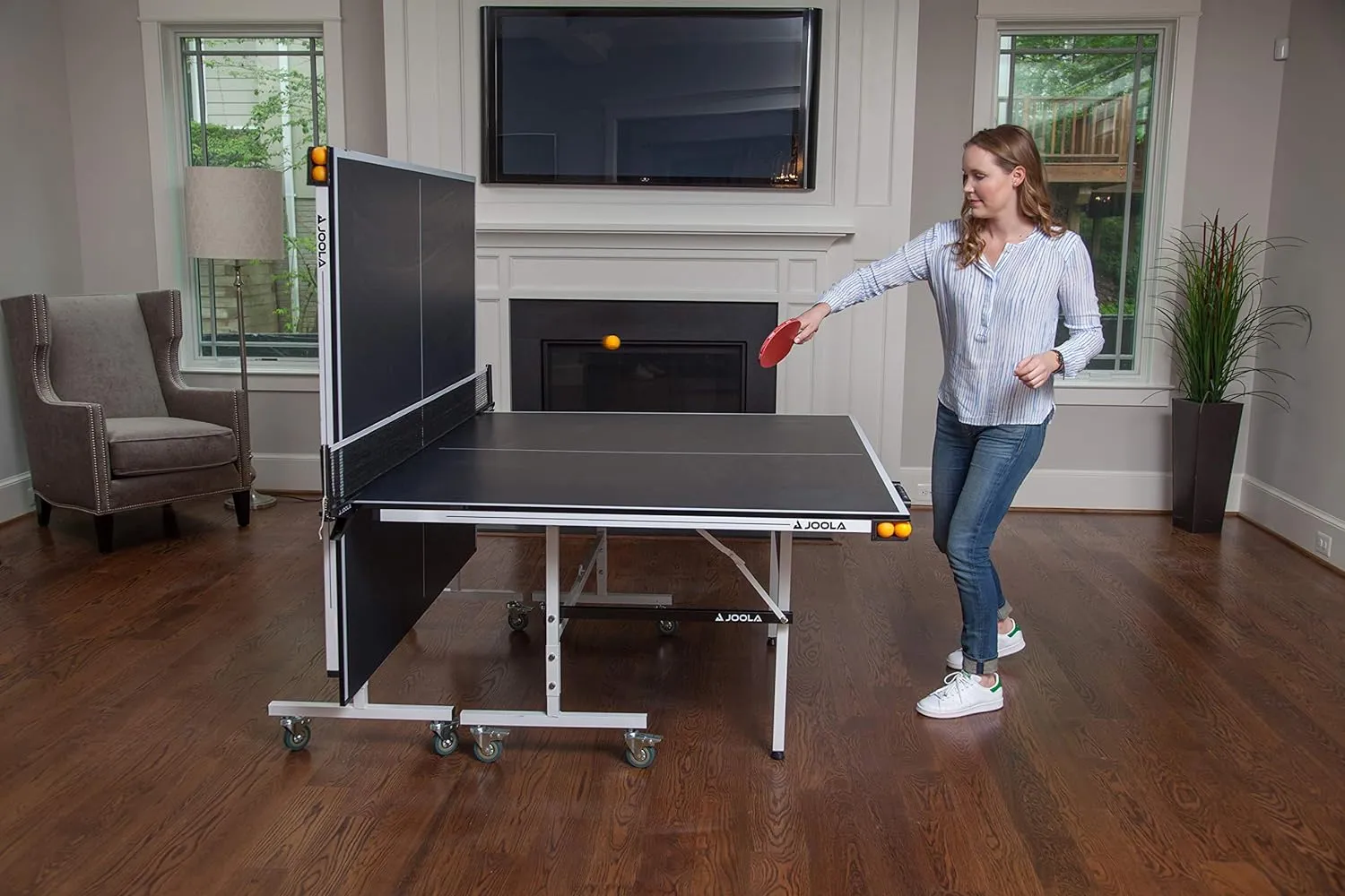 JOOLA Rally TL Professional MDF Indoor Ping Pong Table w/Quick Clamp Table Tennis Net & Post Set - 10 Minute Easy Assembly - Corner Ball Holders - Tournament Quality - Includes Playback Mode