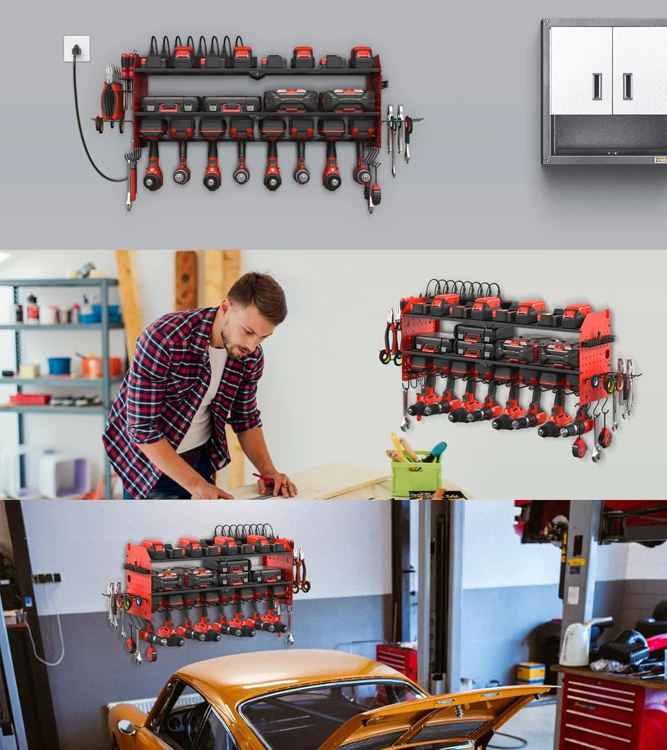 JUNNUJ Large Pegboard Power Tool Organizer with Charging Station, 8 Drills Driver and Tools Battery Holder Wall Mount with 8 Outlet Power Strip, Red 3-Layer Shop Garage Storage Utility Rack