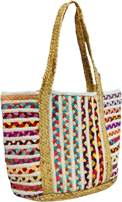Jute Cotton Straw Beach Bags Buckets Handbag Shoulder Bag Tote Bag for Women Organizer Bag Natural Fiber Hand Woven Storage Handbags Multicolor