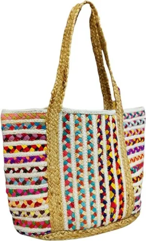 Jute Cotton Straw Beach Bags Buckets Handbag Shoulder Bag Tote Bag for Women Organizer Bag Natural Fiber Hand Woven Storage Handbags Multicolor