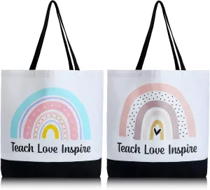 Jutom 2 Pack Teacher Canvas Totes Bag Teacher Appreciation Gifts Love Inspire Teach Rainbow Gift Bag Tote Handbags Reusable