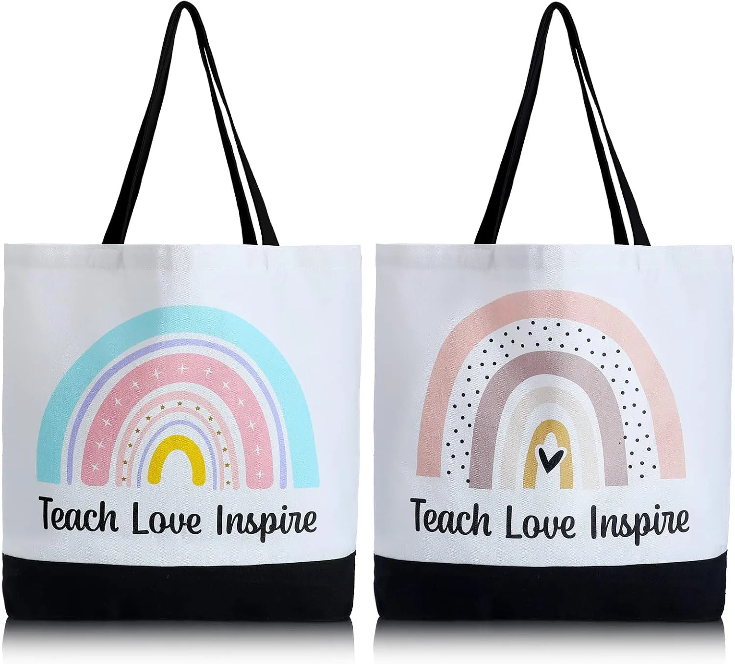 Jutom 2 Pack Teacher Canvas Totes Bag Teacher Appreciation Gifts Love Inspire Teach Rainbow Gift Bag Tote Handbags Reusable