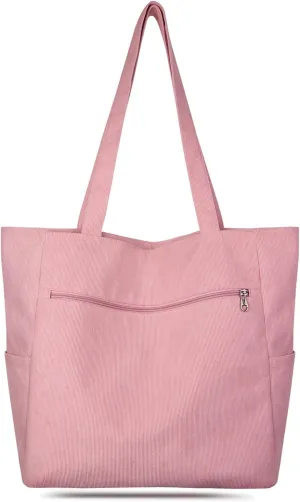 Kememo Corduroy Tote Bag for Women with Zipper, Large Shoulder Bag Handbag for Work School Shopping Travel Gym Vacation
