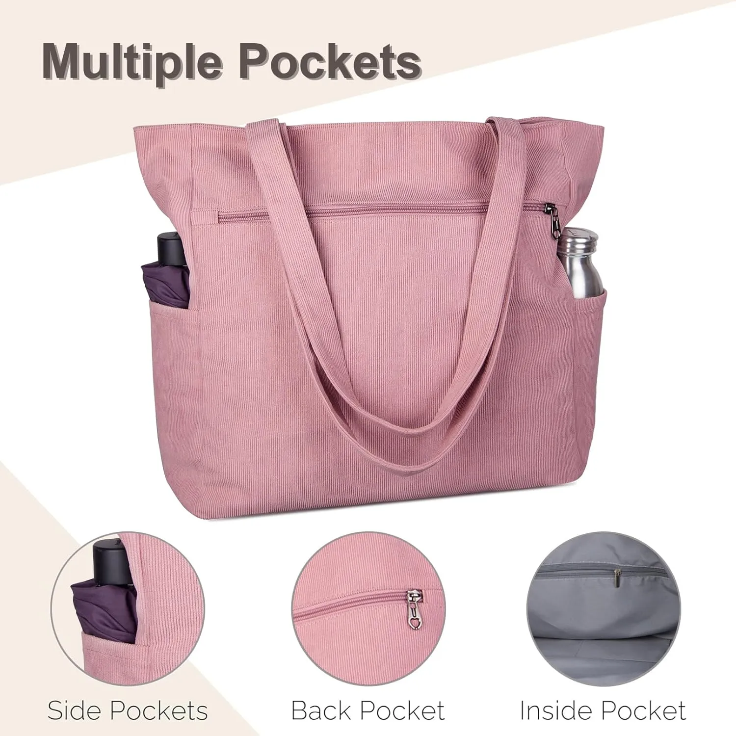 Kememo Corduroy Tote Bag for Women with Zipper, Large Shoulder Bag Handbag for Work School Shopping Travel Gym Vacation