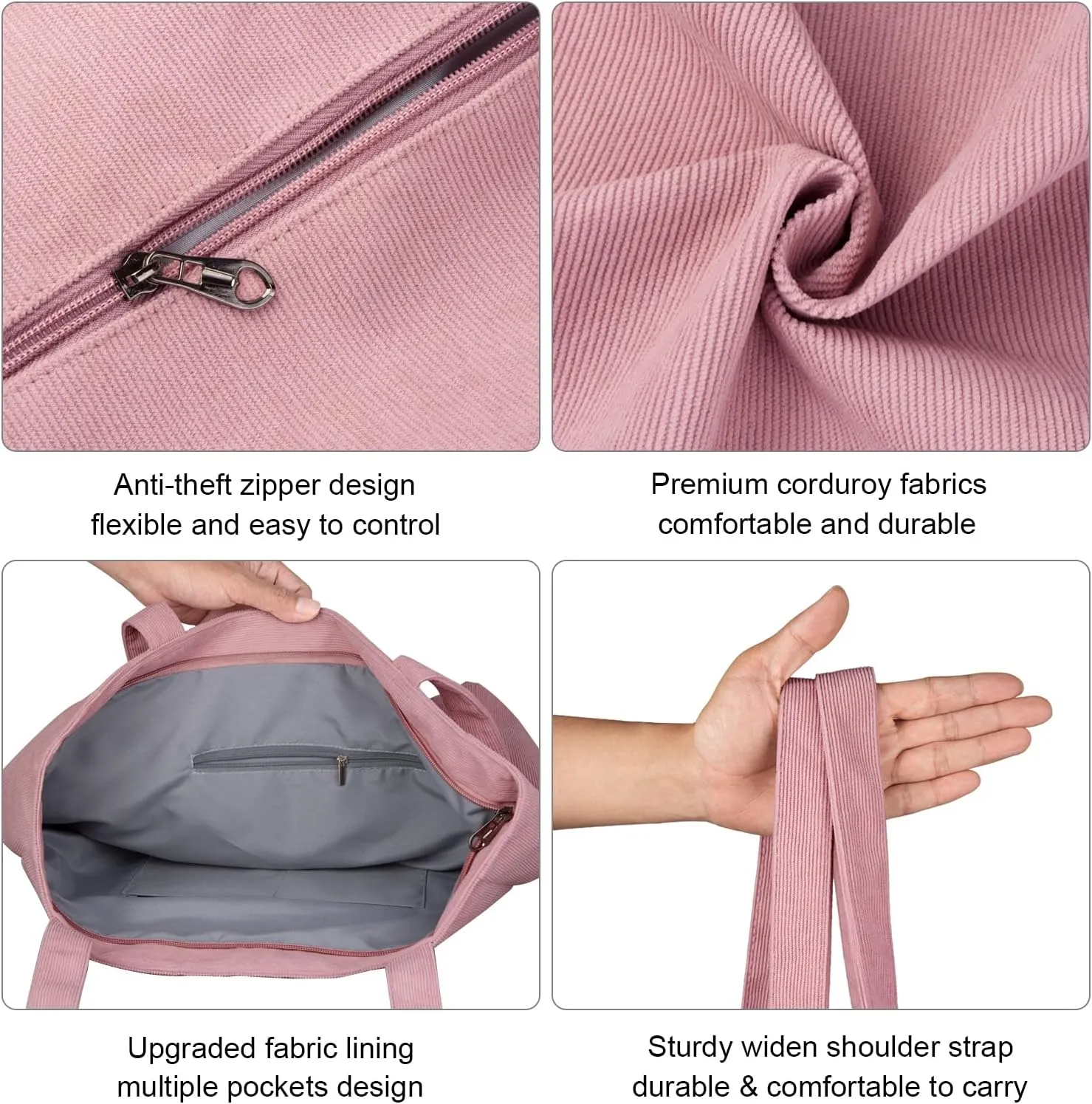 Kememo Corduroy Tote Bag for Women with Zipper, Large Shoulder Bag Handbag for Work School Shopping Travel Gym Vacation