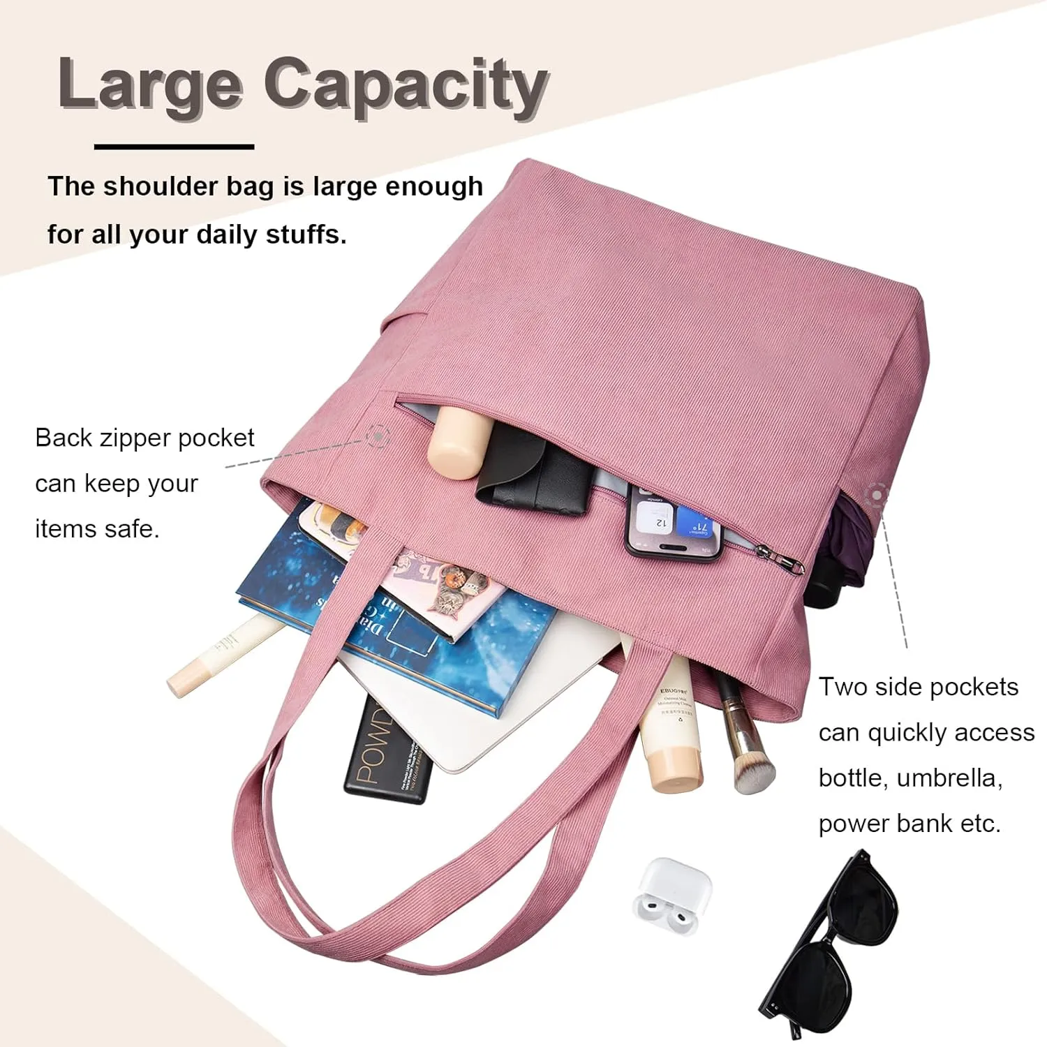 Kememo Corduroy Tote Bag for Women with Zipper, Large Shoulder Bag Handbag for Work School Shopping Travel Gym Vacation
