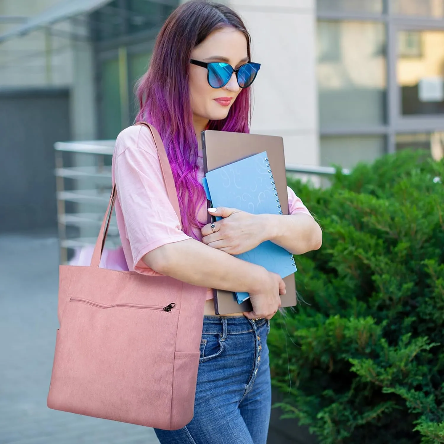 Kememo Corduroy Tote Bag for Women with Zipper, Large Shoulder Bag Handbag for Work School Shopping Travel Gym Vacation