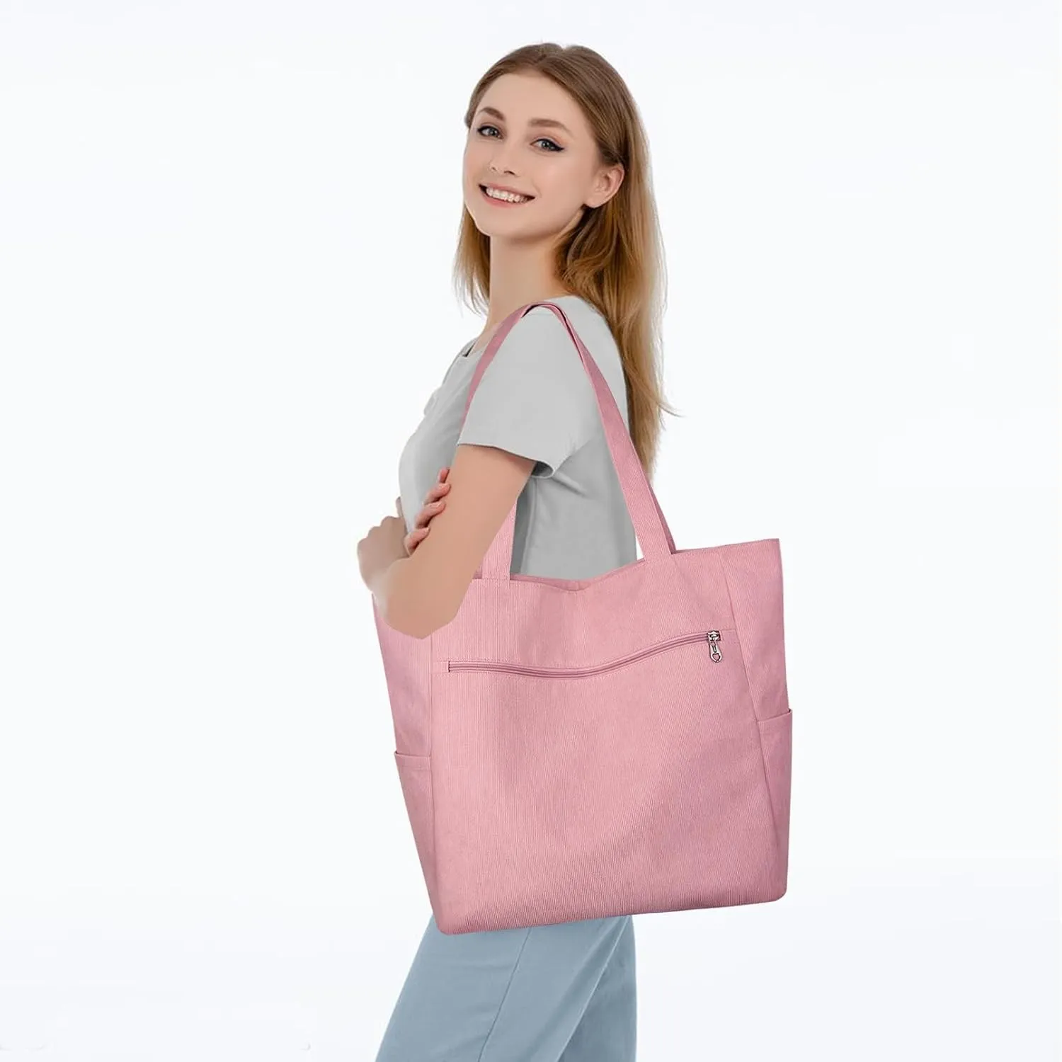 Kememo Corduroy Tote Bag for Women with Zipper, Large Shoulder Bag Handbag for Work School Shopping Travel Gym Vacation