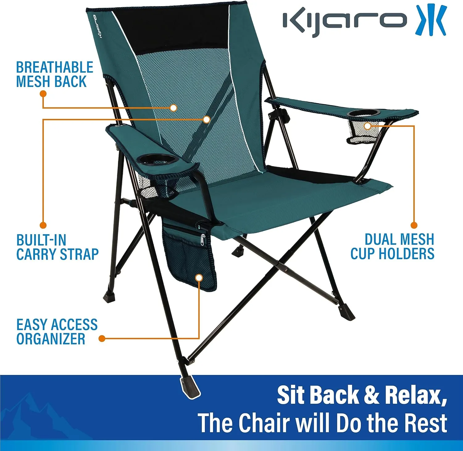 Kijaro Dual Lock Folding Camp Chair - Versatile Sports Chair With Locks Position for Outdoors - Cayman Blue Iguana