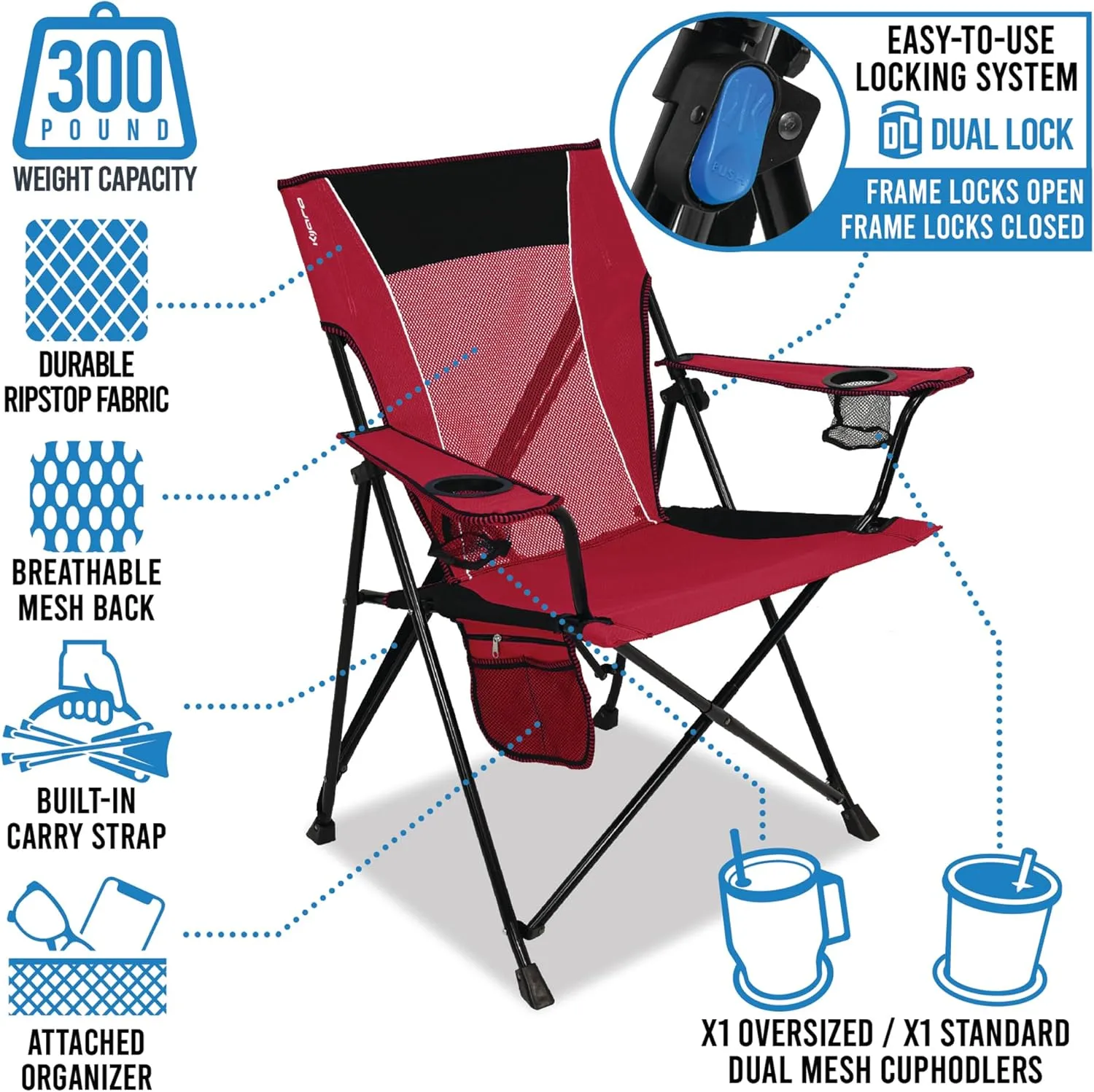 Kijaro Dual Lock Folding Camp Chair - Versatile Sports Chair With Locks Position for Outdoors - Cayman Blue Iguana