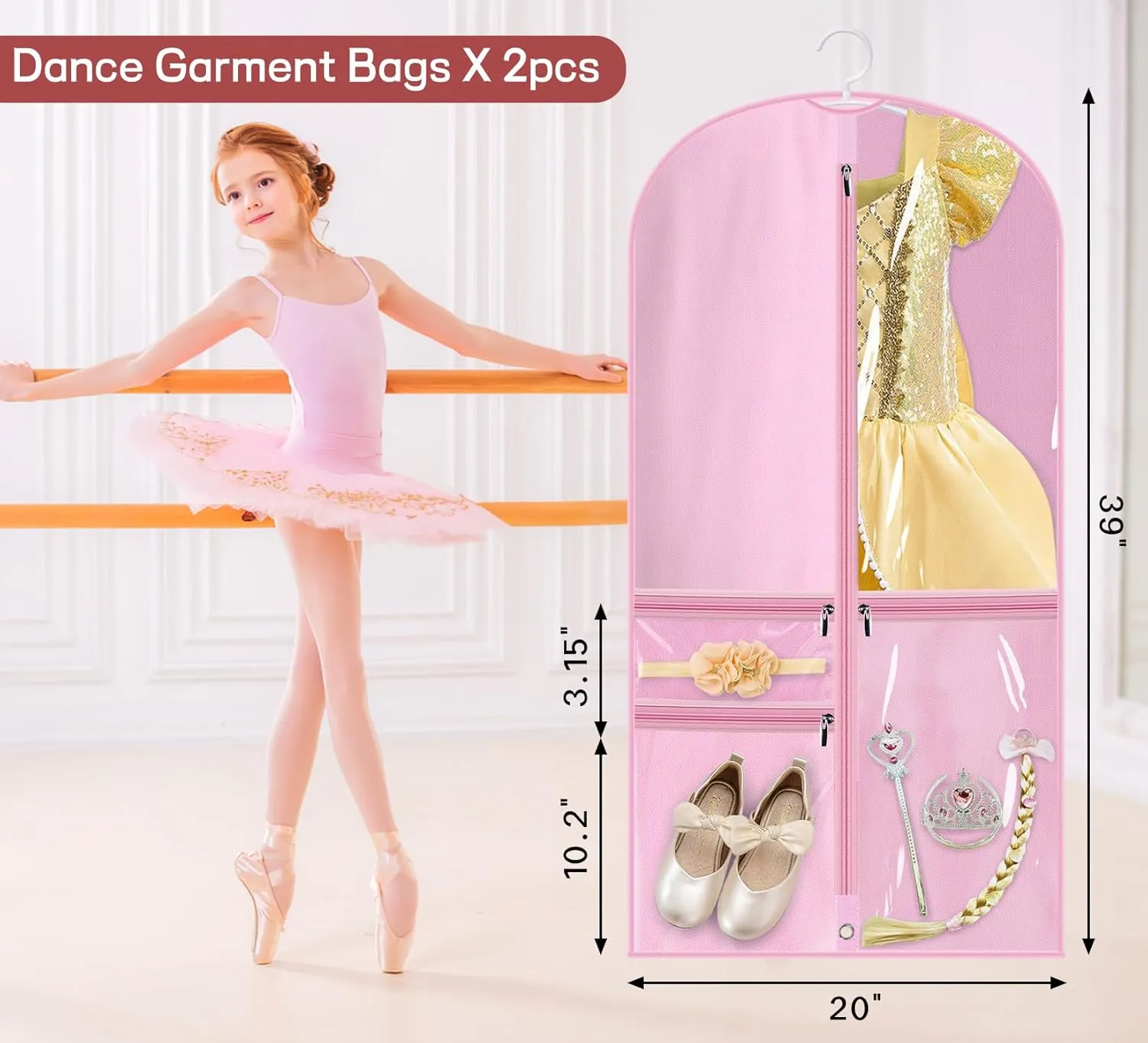 KIMBORA Costume Dance Garment Bag with 3 Clear Zipper Pockets for Suits Dress Cover, Travel Storage & Competitions, Set of 2 (Pink)